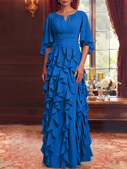 Robe Mère de la Mariée en Mousseline à Col Rond Ligne A/Princesse Longueur au Sol à Volants Manches 3/4