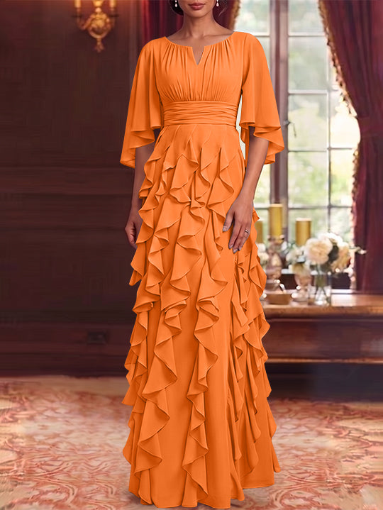 Robe Mère de la Mariée en Mousseline à Col Rond Ligne A/Princesse Longueur au Sol à Volants Manches 3/4