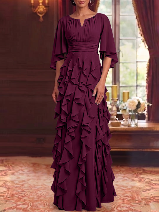 Robe Mère de la Mariée en Mousseline à Col Rond Ligne A/Princesse Longueur au Sol à Volants Manches 3/4