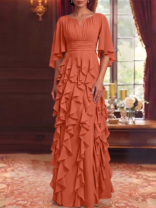 Robe Mère de la Mariée en Mousseline à Col Rond Ligne A/Princesse Longueur au Sol à Volants Manches 3/4
