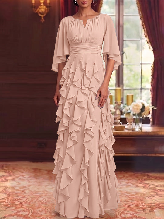 Robe Mère de la Mariée en Mousseline à Col Rond Ligne A/Princesse Longueur au Sol à Volants Manches 3/4