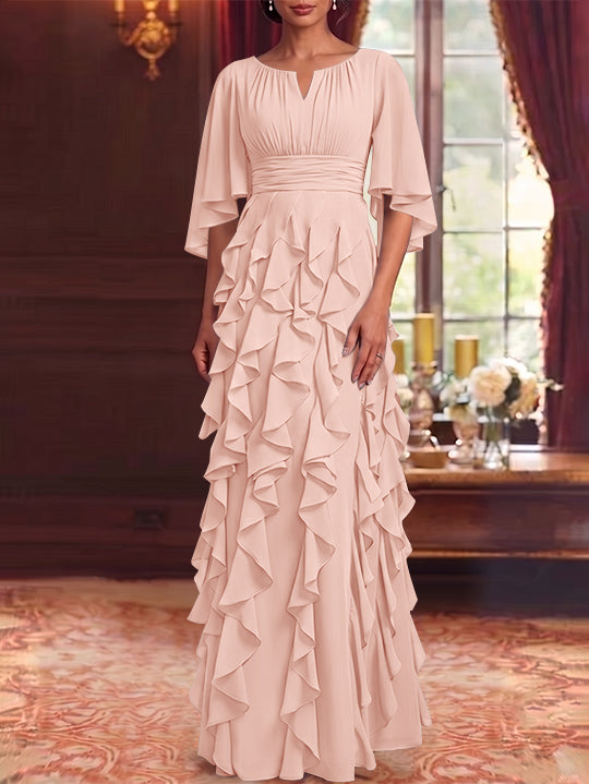 Robe Mère de la Mariée en Mousseline à Col Rond Ligne A/Princesse Longueur au Sol à Volants Manches 3/4
