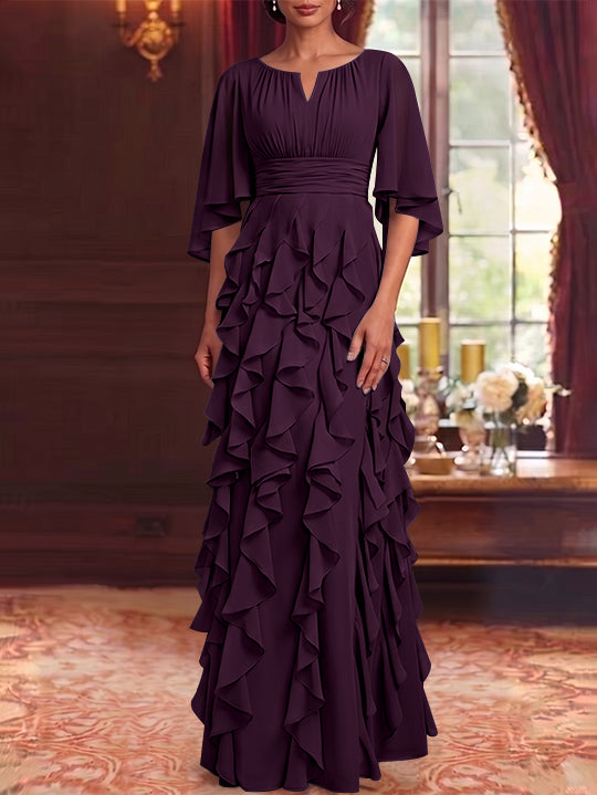 Robe Mère de la Mariée en Mousseline à Col Rond Ligne A/Princesse Longueur au Sol à Volants Manches 3/4