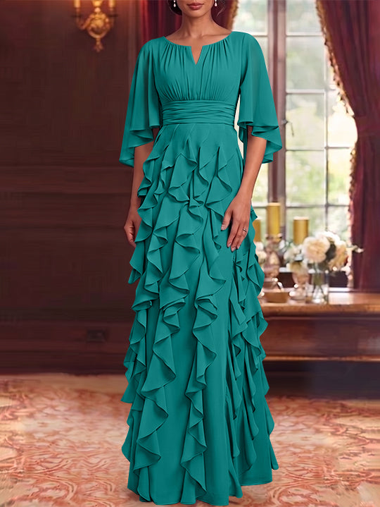 Robe Mère de la Mariée en Mousseline à Col Rond Ligne A/Princesse Longueur au Sol à Volants Manches 3/4