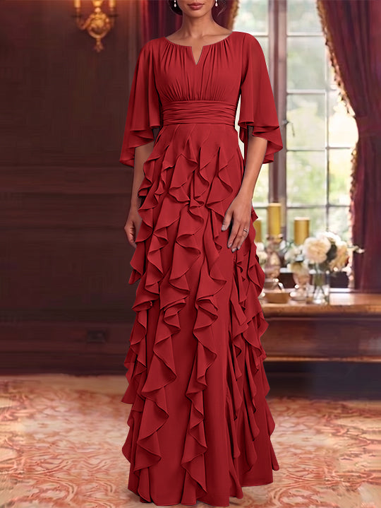 Robe Mère de la Mariée en Mousseline à Col Rond Ligne A/Princesse Longueur au Sol à Volants Manches 3/4