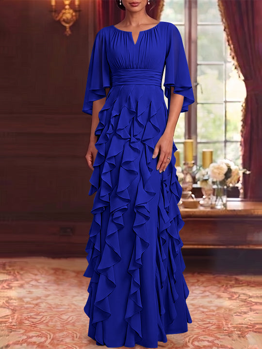 Robe Mère de la Mariée en Mousseline à Col Rond Ligne A/Princesse Longueur au Sol à Volants Manches 3/4
