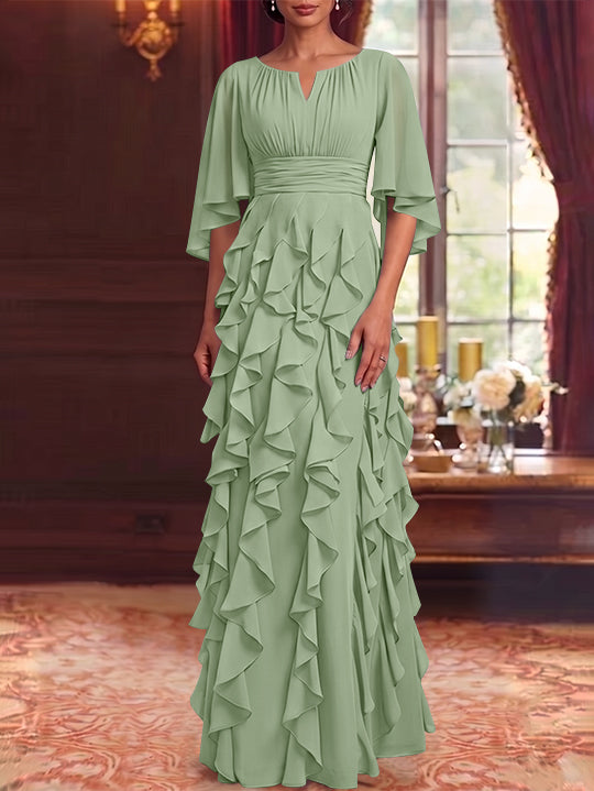 Robe Mère de la Mariée en Mousseline à Col Rond Ligne A/Princesse Longueur au Sol à Volants Manches 3/4