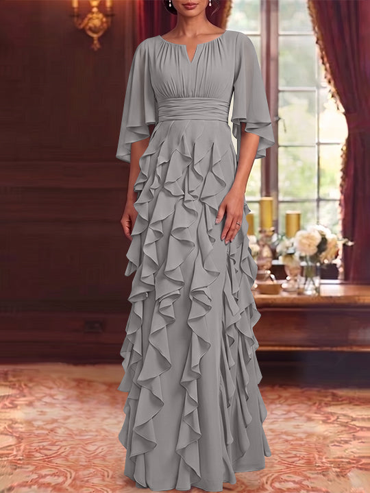 Robe Mère de la Mariée en Mousseline à Col Rond Ligne A/Princesse Longueur au Sol à Volants Manches 3/4