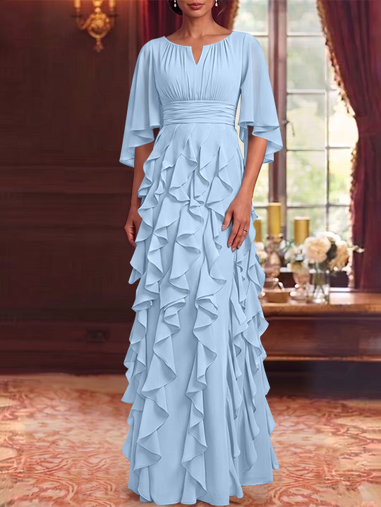 Robe Mère de la Mariée en Mousseline à Col Rond Ligne A/Princesse Longueur au Sol à Volants Manches 3/4