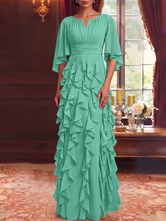 Robe Mère de la Mariée en Mousseline à Col Rond Ligne A/Princesse Longueur au Sol à Volants Manches 3/4