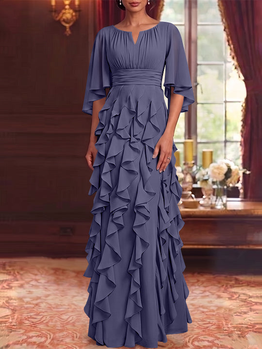Robe Mère de la Mariée en Mousseline à Col Rond Ligne A/Princesse Longueur au Sol à Volants Manches 3/4