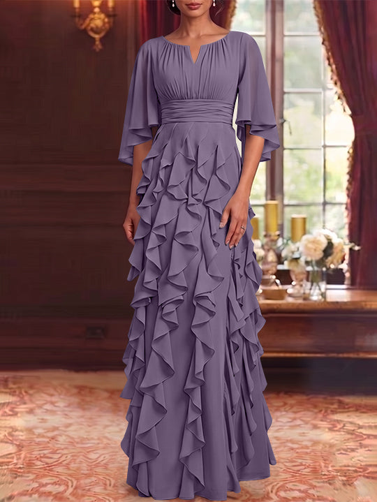 Robe Mère de la Mariée en Mousseline à Col Rond Ligne A/Princesse Longueur au Sol à Volants Manches 3/4