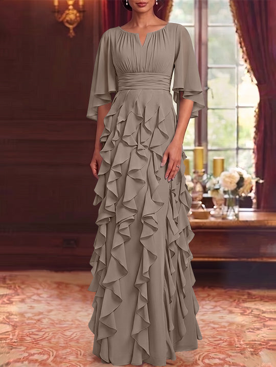 Robe Mère de la Mariée en Mousseline à Col Rond Ligne A/Princesse Longueur au Sol à Volants Manches 3/4