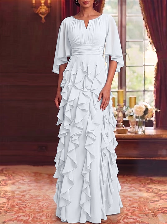 Robe Mère de la Mariée en Mousseline à Col Rond Ligne A/Princesse Longueur au Sol à Volants Manches 3/4