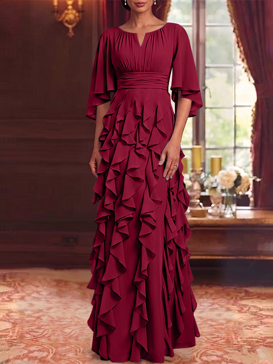 Robe Mère de la Mariée en Mousseline à Col Rond Ligne A/Princesse Longueur au Sol à Volants Manches 3/4