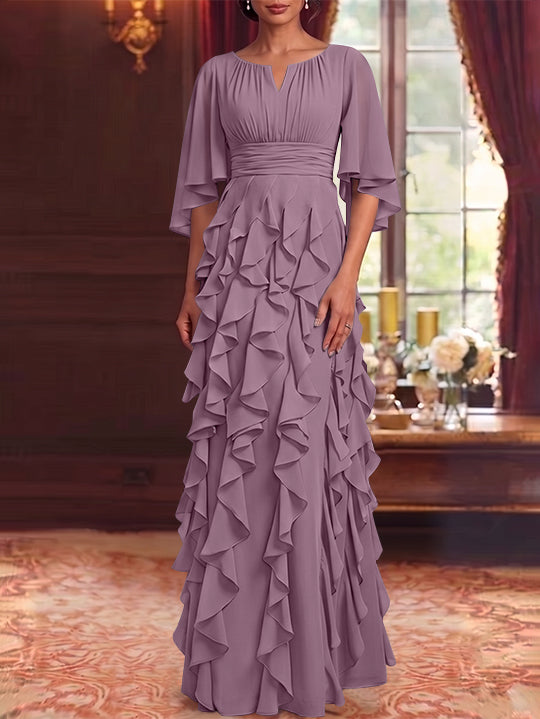 Robe Mère de la Mariée en Mousseline à Col Rond Ligne A/Princesse Longueur au Sol à Volants Manches 3/4