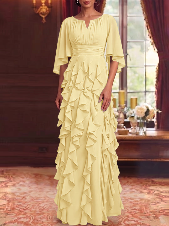 Robe Mère de la Mariée en Mousseline à Col Rond Ligne A/Princesse Longueur au Sol à Volants Manches 3/4