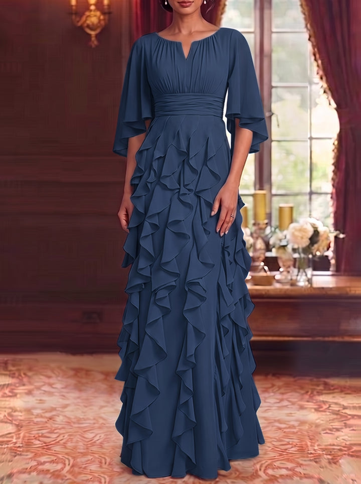 Robe Mère de la Mariée en Mousseline à Col Rond Ligne A/Princesse Longueur au Sol à Volants Manches 3/4