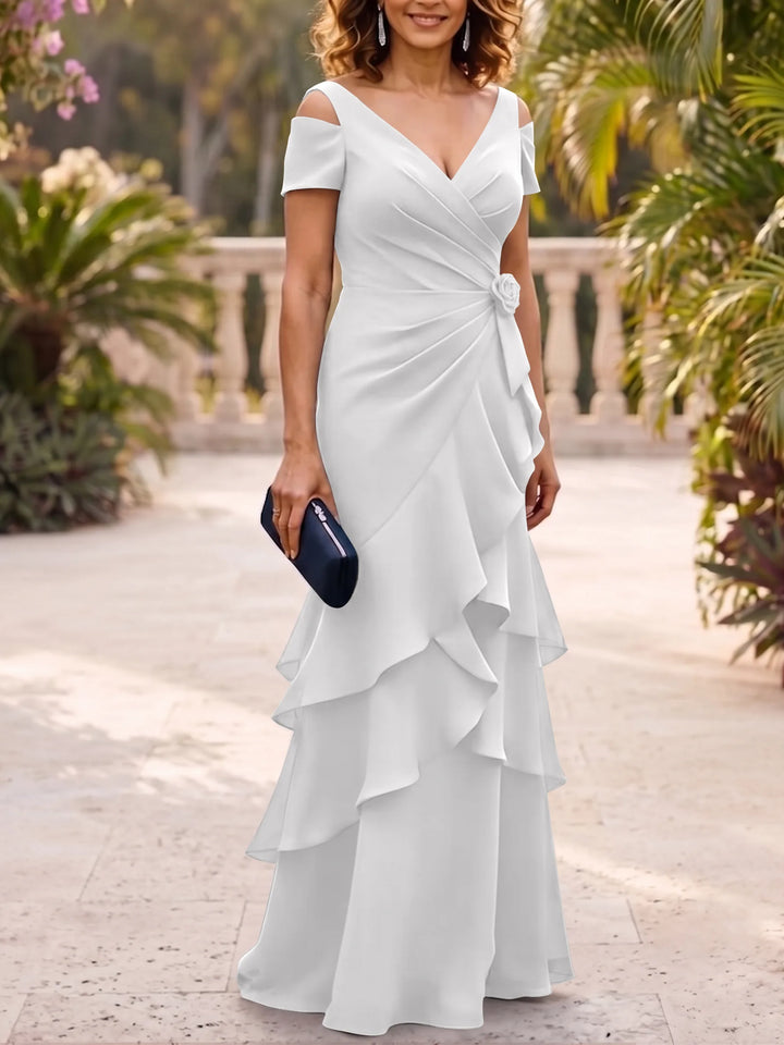 Robe Mère de la Mariée en Mousseline à Col V Ligne A/Princesse Longueur au Sol Manches Courtes avec Fleurs 3D
