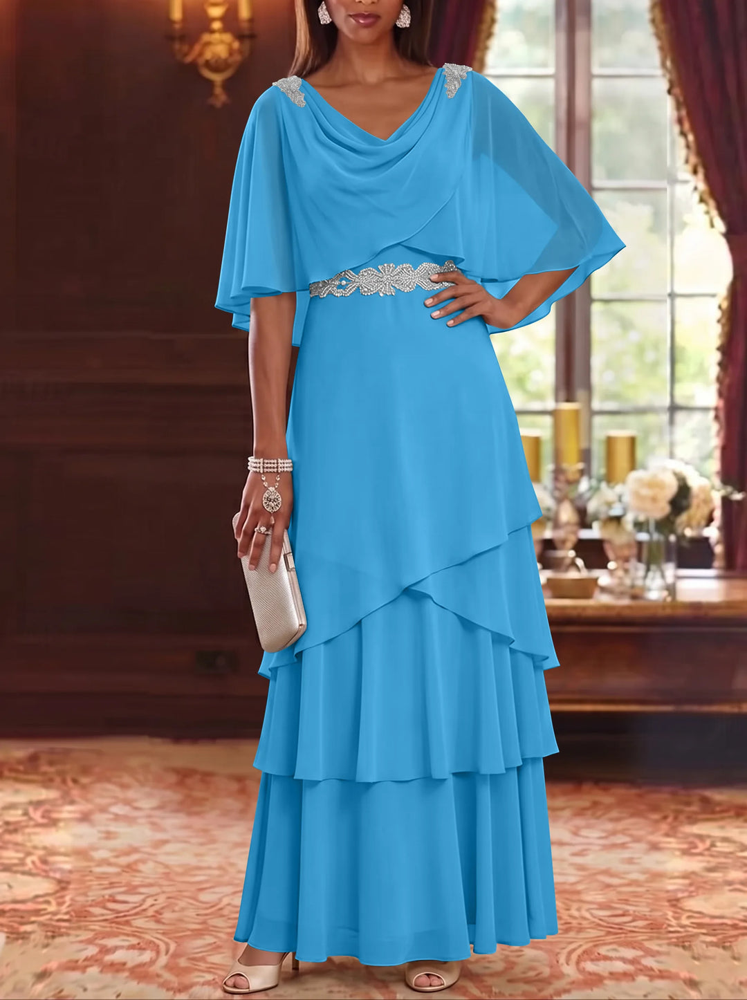 Robe Mère de la Mariée en Mousseline à Col Drapé Ligne A/Princesse Longueur au Sol Manches Cape avec Ceinture à Volants