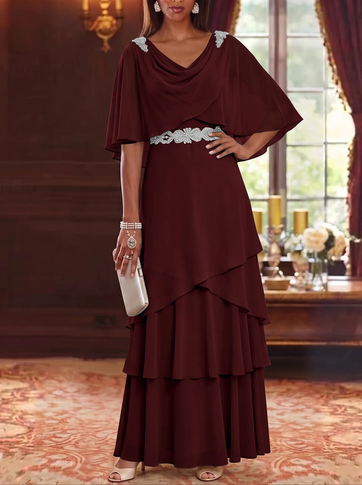 Robe Mère de la Mariée en Mousseline à Col Drapé Ligne A/Princesse Longueur au Sol Manches Cape avec Ceinture à Volants