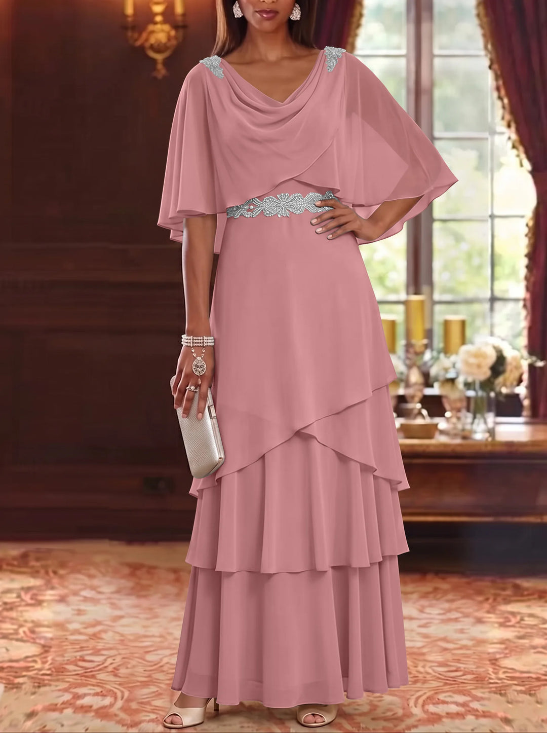 Robe Mère de la Mariée en Mousseline à Col Drapé Ligne A/Princesse Longueur au Sol Manches Cape avec Ceinture à Volants