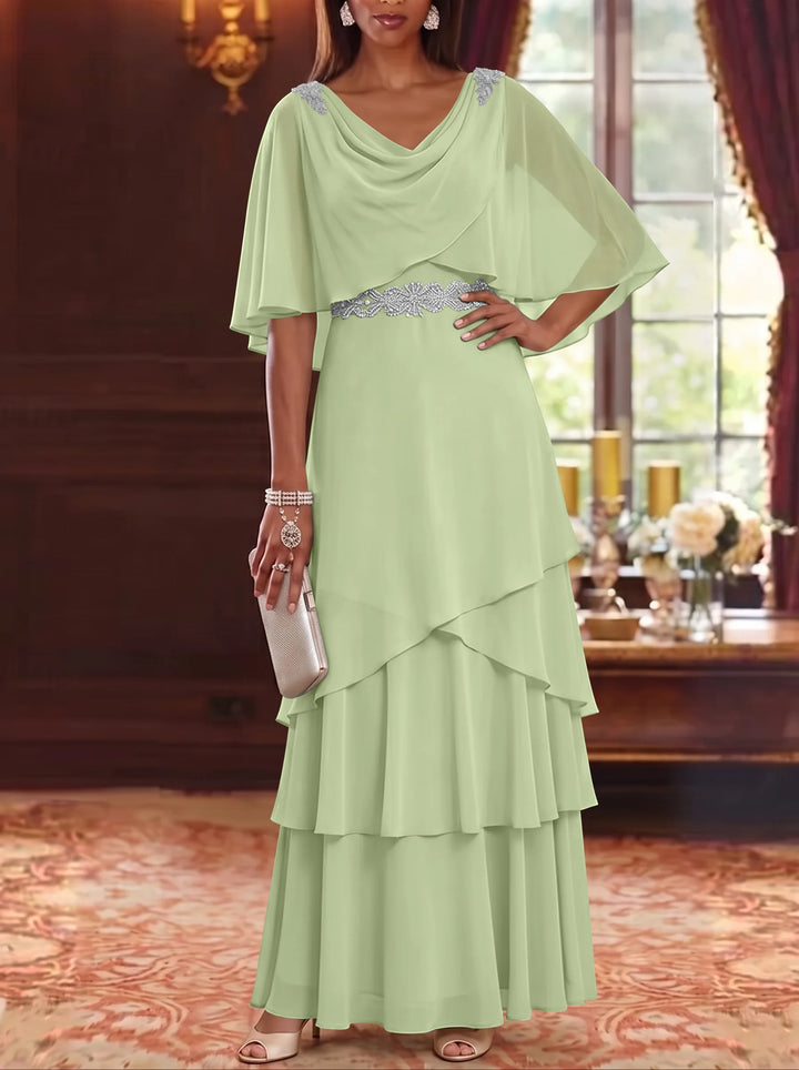 Robe Mère de la Mariée en Mousseline à Col Drapé Ligne A/Princesse Longueur au Sol Manches Cape avec Ceinture à Volants