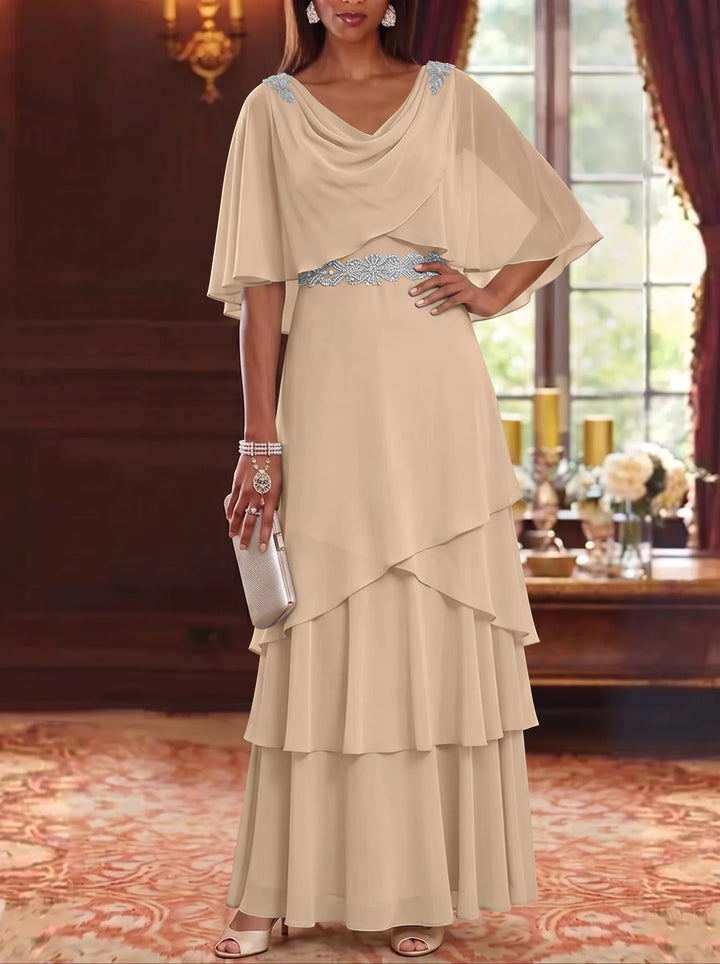 Robe Mère de la Mariée en Mousseline à Col Drapé Ligne A/Princesse Longueur au Sol Manches Cape avec Ceinture à Volants