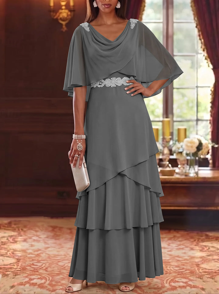 Robe Mère de la Mariée en Mousseline à Col Drapé Ligne A/Princesse Longueur au Sol Manches Cape avec Ceinture à Volants