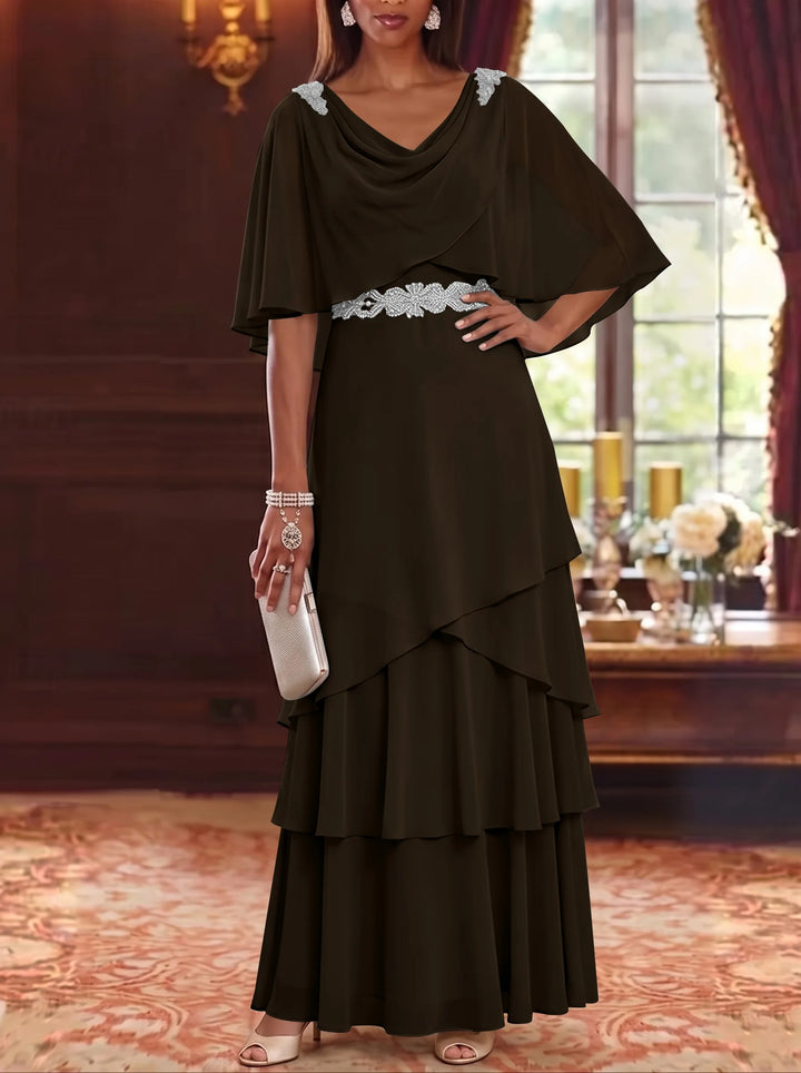 Robe Mère de la Mariée en Mousseline à Col Drapé Ligne A/Princesse Longueur au Sol Manches Cape avec Ceinture à Volants