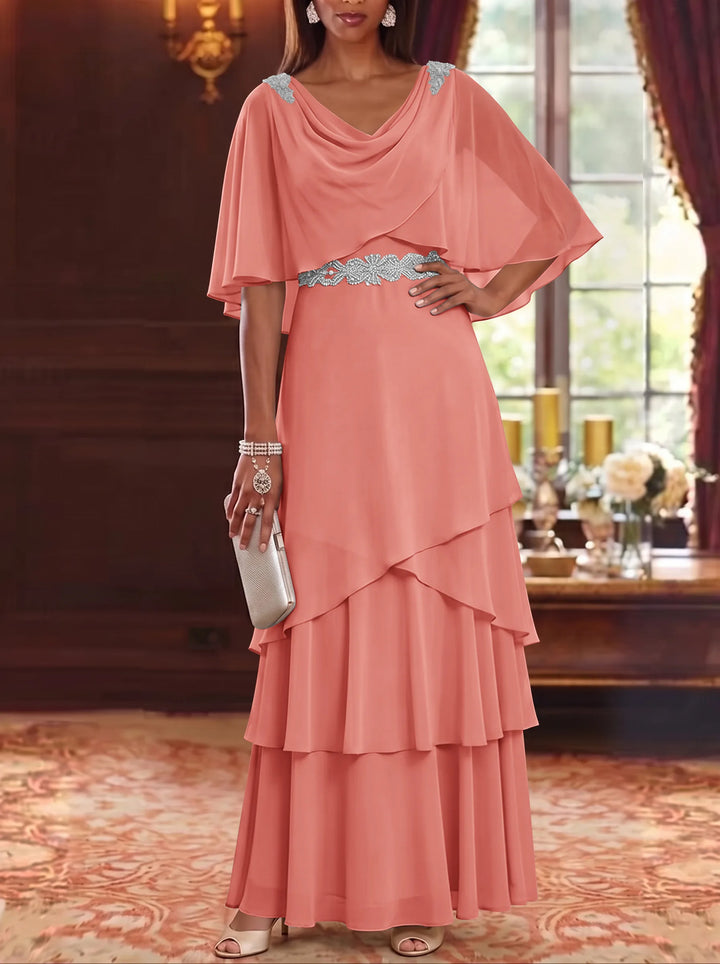 Robe Mère de la Mariée en Mousseline à Col Drapé Ligne A/Princesse Longueur au Sol Manches Cape avec Ceinture à Volants