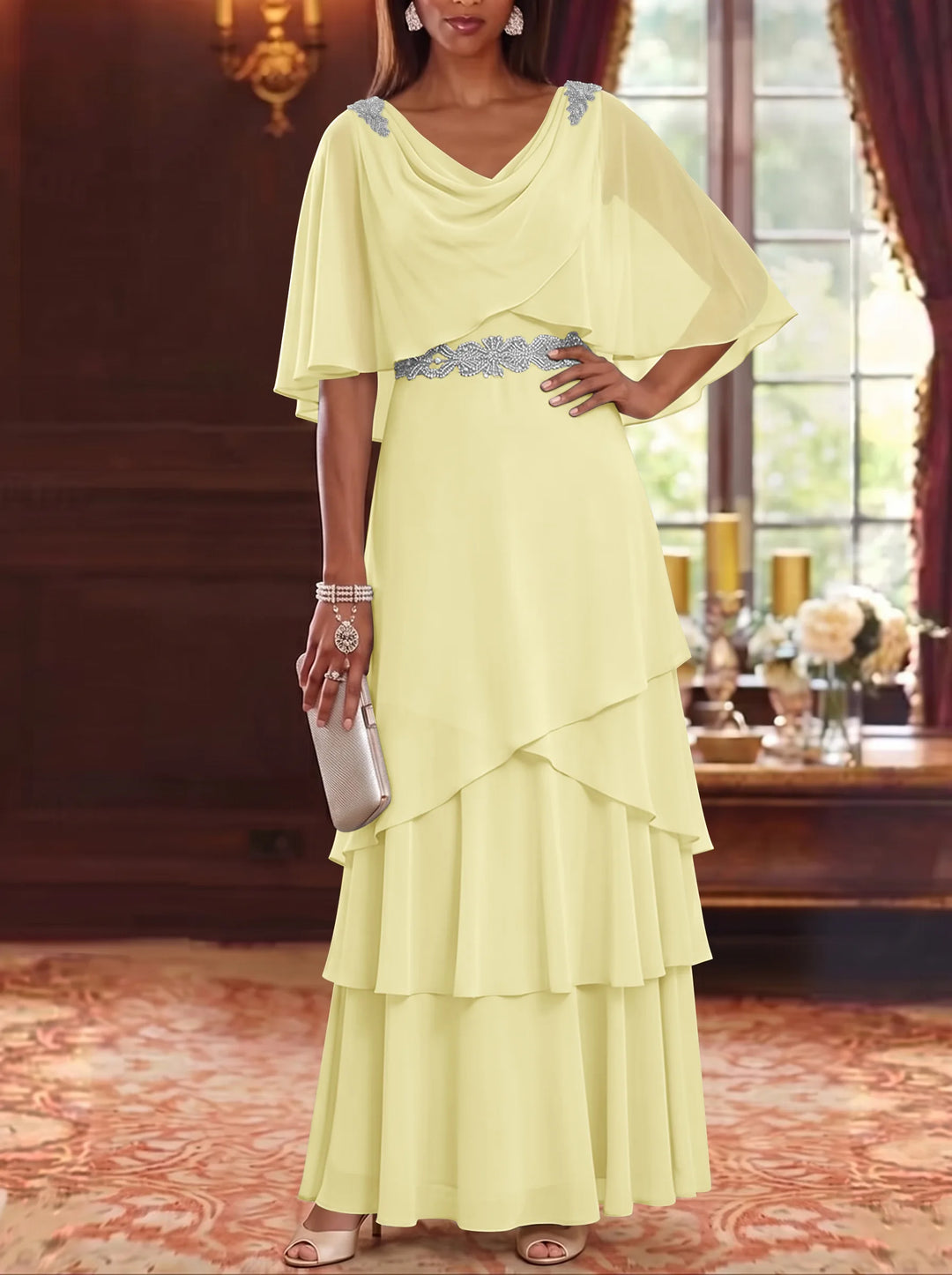 Robe Mère de la Mariée en Mousseline à Col Drapé Ligne A/Princesse Longueur au Sol Manches Cape avec Ceinture à Volants