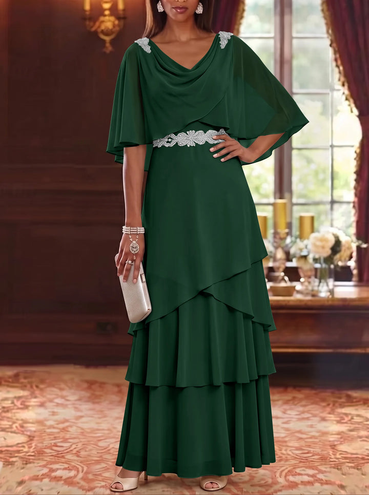 Robe Mère de la Mariée en Mousseline à Col Drapé Ligne A/Princesse Longueur au Sol Manches Cape avec Ceinture à Volants