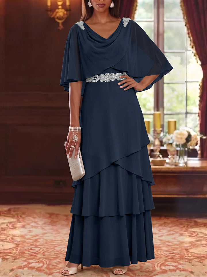 Robe Mère de la Mariée en Mousseline à Col Drapé Ligne A/Princesse Longueur au Sol Manches Cape avec Ceinture à Volants