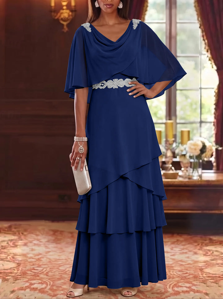 Robe Mère de la Mariée en Mousseline à Col Drapé Ligne A/Princesse Longueur au Sol Manches Cape avec Ceinture à Volants