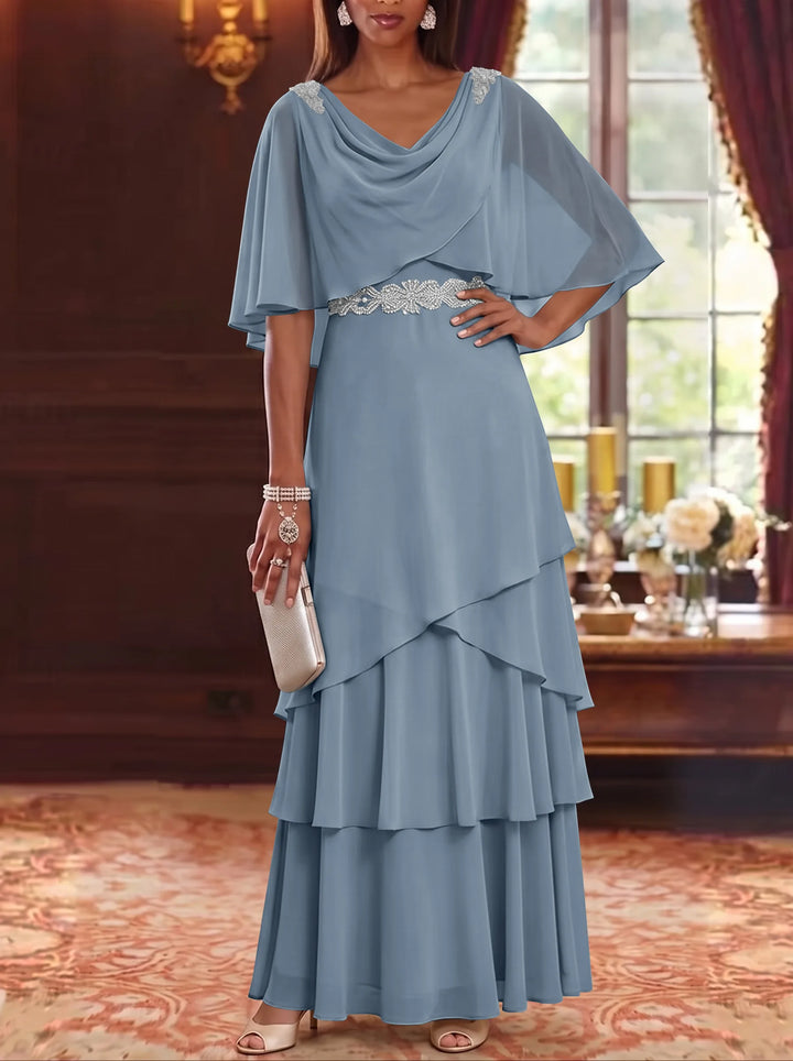 Robe Mère de la Mariée en Mousseline à Col Drapé Ligne A/Princesse Longueur au Sol Manches Cape avec Ceinture à Volants