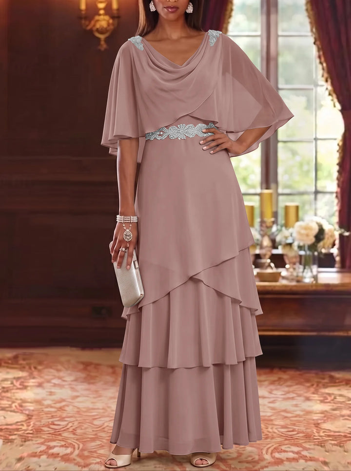 Robe Mère de la Mariée en Mousseline à Col Drapé Ligne A/Princesse Longueur au Sol Manches Cape avec Ceinture à Volants