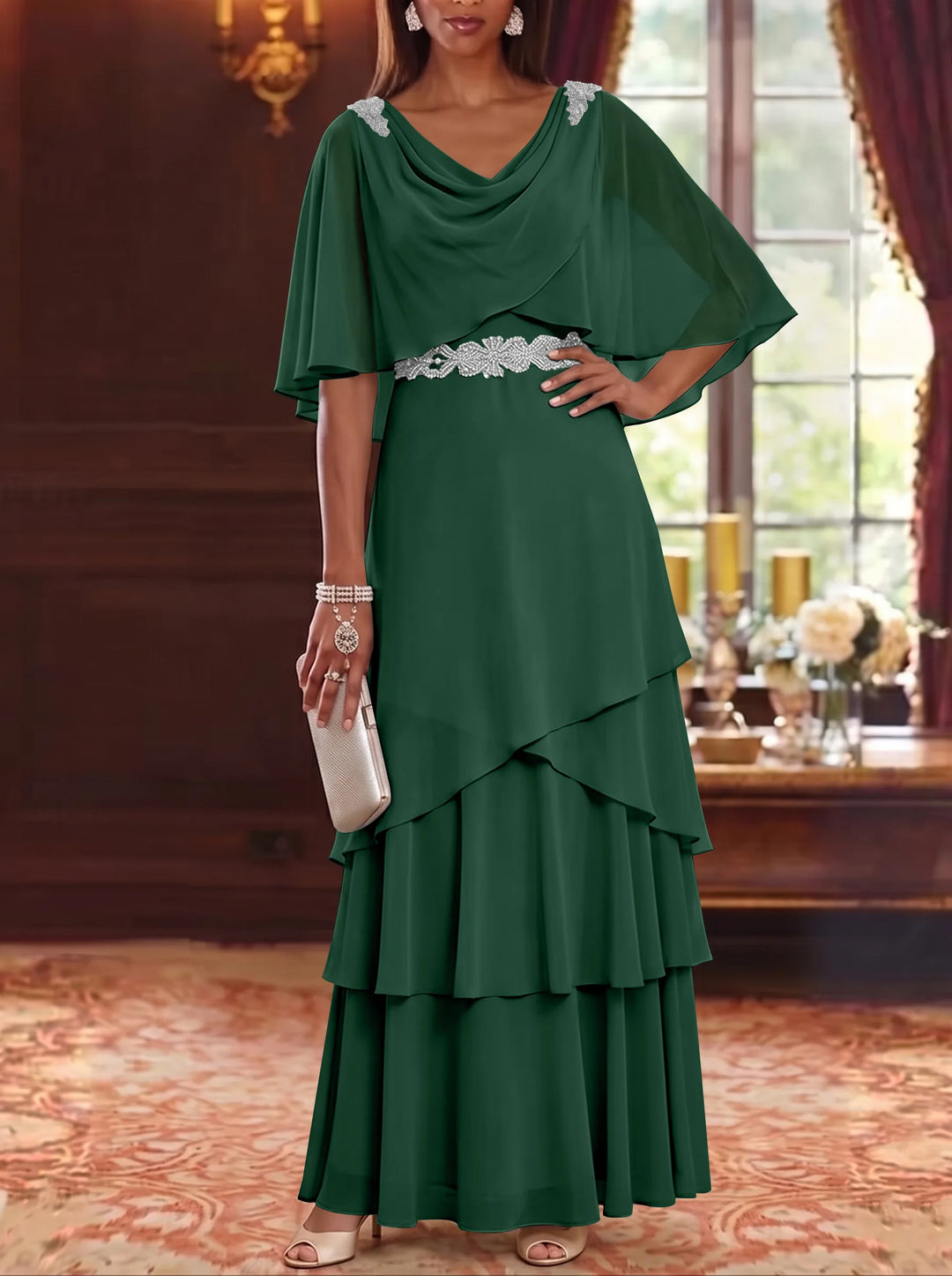 Robe Mère de la Mariée en Mousseline à Col Drapé Ligne A/Princesse Longueur au Sol Manches Cape avec Ceinture à Volants