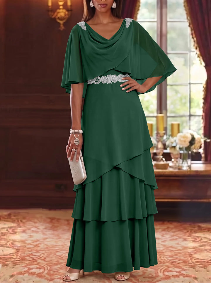 Robe Mère de la Mariée en Mousseline à Col Drapé Ligne A/Princesse Longueur au Sol Manches Cape avec Ceinture à Volants