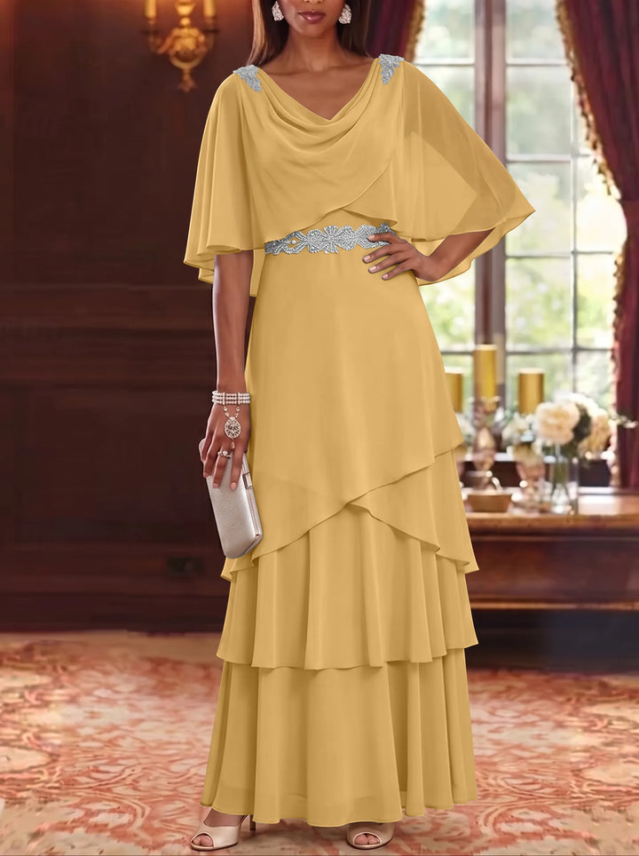 Robe Mère de la Mariée en Mousseline à Col Drapé Ligne A/Princesse Longueur au Sol Manches Cape avec Ceinture à Volants