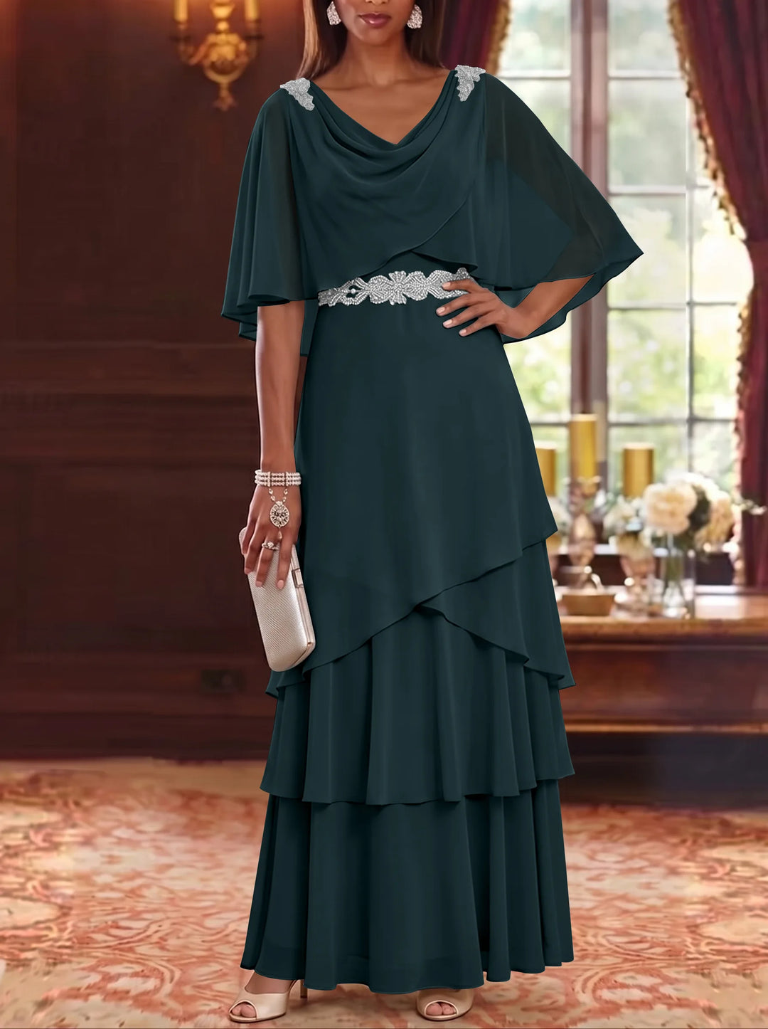 Robe Mère de la Mariée en Mousseline à Col Drapé Ligne A/Princesse Longueur au Sol Manches Cape avec Ceinture à Volants