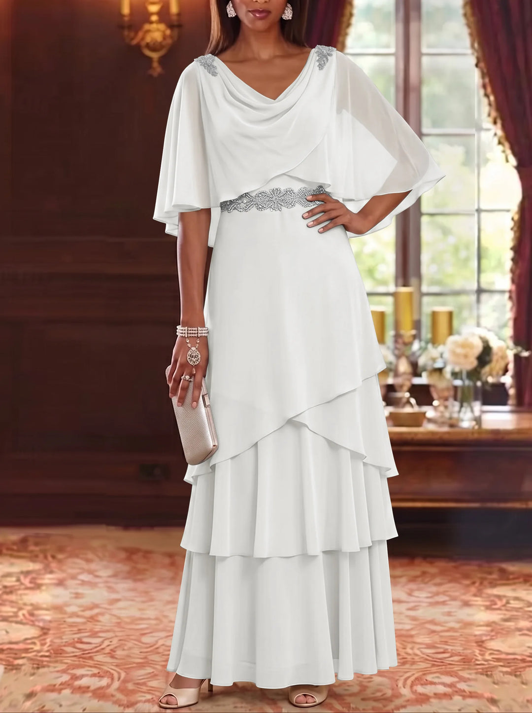 Robe Mère de la Mariée en Mousseline à Col Drapé Ligne A/Princesse Longueur au Sol Manches Cape avec Ceinture à Volants