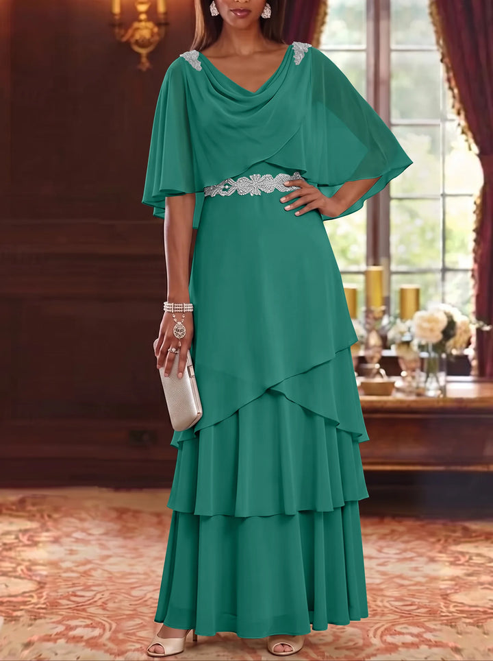 Robe Mère de la Mariée en Mousseline à Col Drapé Ligne A/Princesse Longueur au Sol Manches Cape avec Ceinture à Volants