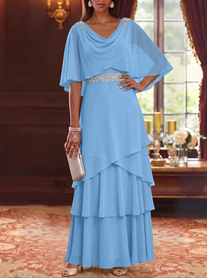 Robe Mère de la Mariée en Mousseline à Col Drapé Ligne A/Princesse Longueur au Sol Manches Cape avec Ceinture à Volants