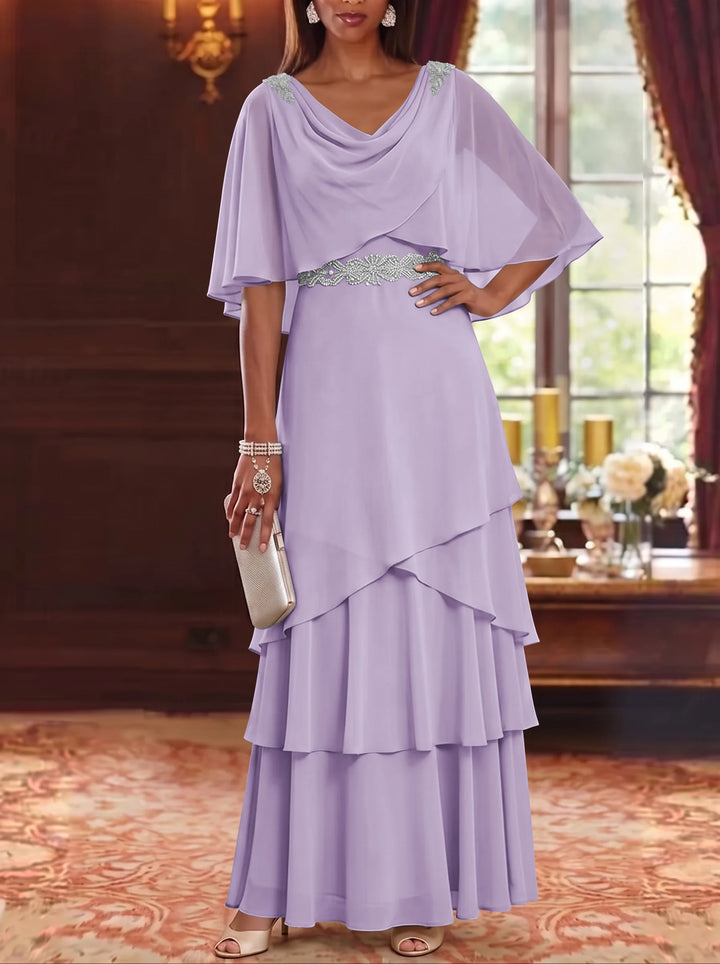 Robe Mère de la Mariée en Mousseline à Col Drapé Ligne A/Princesse Longueur au Sol Manches Cape avec Ceinture à Volants