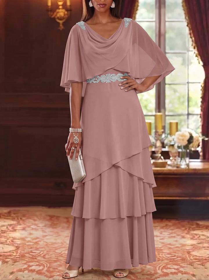 Robe Mère de la Mariée en Mousseline à Col Drapé Ligne A/Princesse Longueur au Sol Manches Cape avec Ceinture à Volants