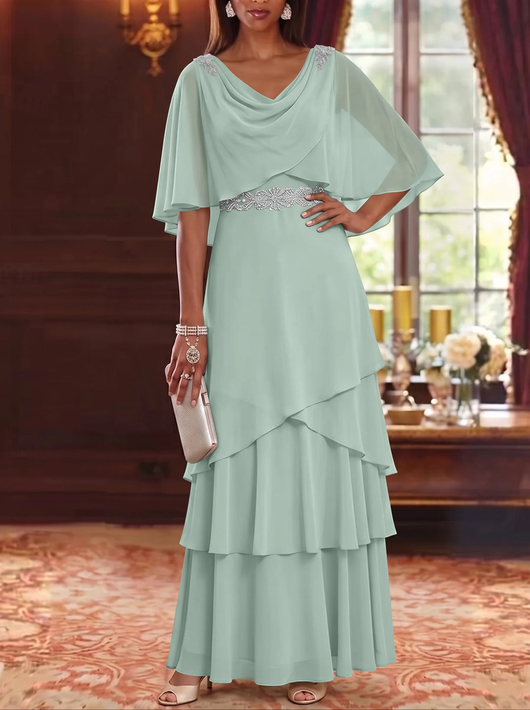 Robe Mère de la Mariée en Mousseline à Col Drapé Ligne A/Princesse Longueur au Sol Manches Cape avec Ceinture à Volants