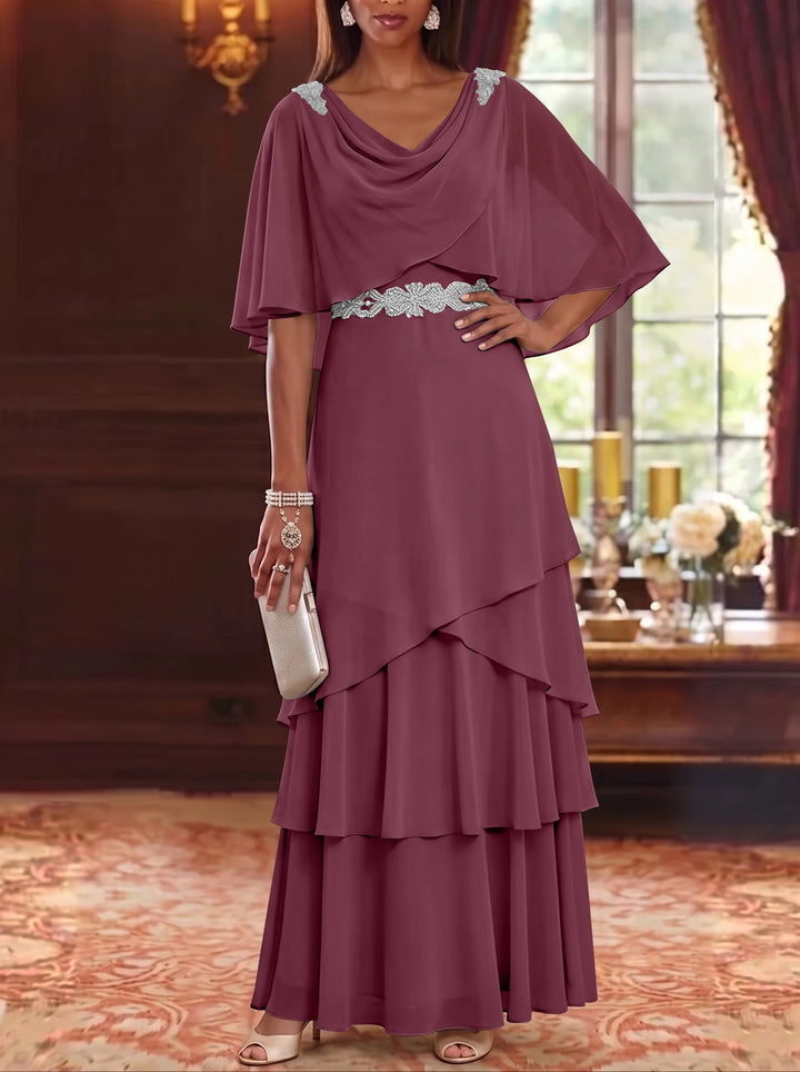 Robe Mère de la Mariée en Mousseline à Col Drapé Ligne A/Princesse Longueur au Sol Manches Cape avec Ceinture à Volants