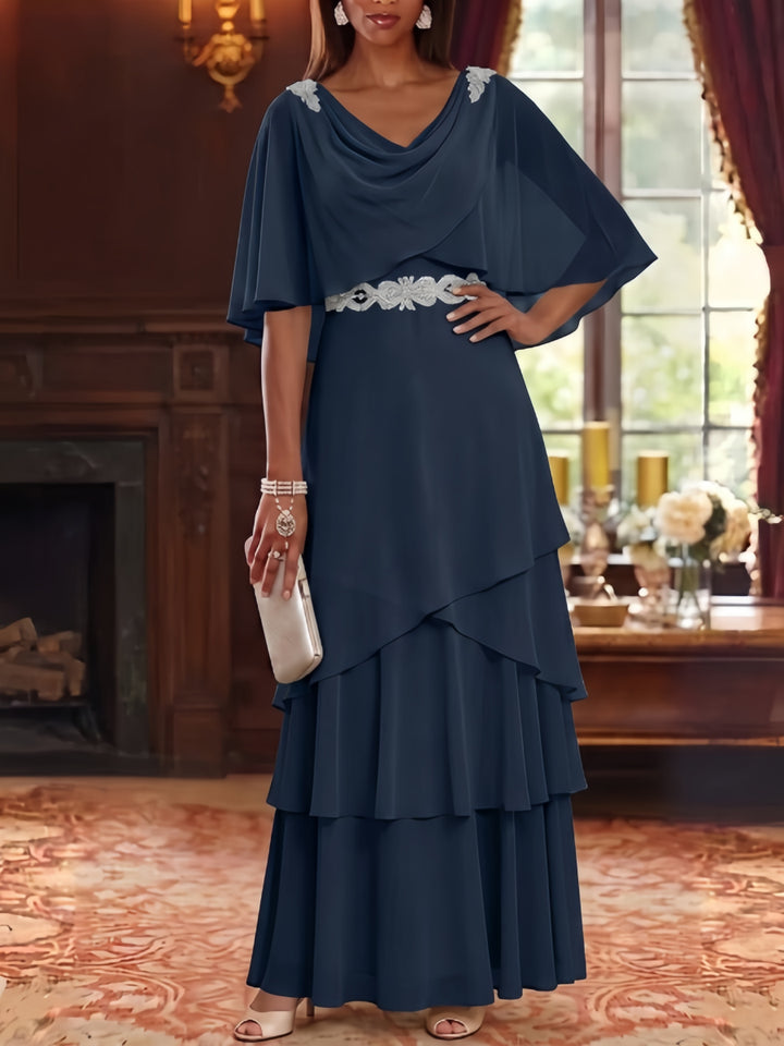 Robe Mère de la Mariée en Mousseline à Col Drapé Ligne A/Princesse Longueur au Sol Manches Cape avec Ceinture à Volants