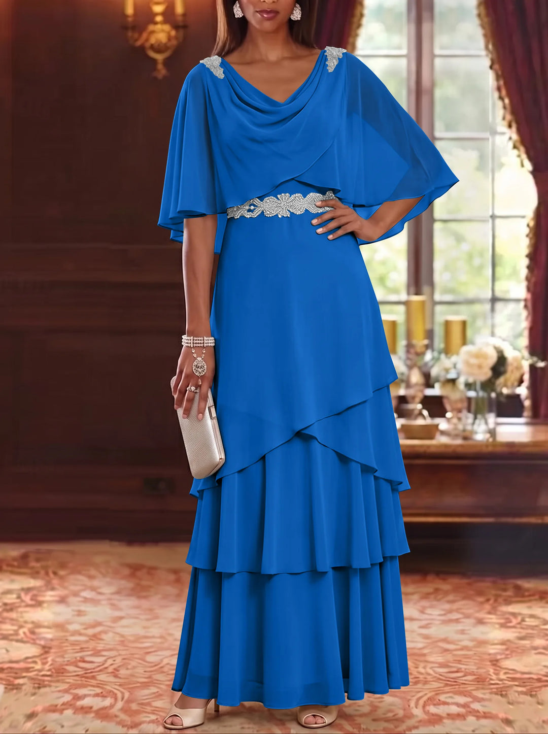 Robe Mère de la Mariée en Mousseline à Col Drapé Ligne A/Princesse Longueur au Sol Manches Cape avec Ceinture à Volants